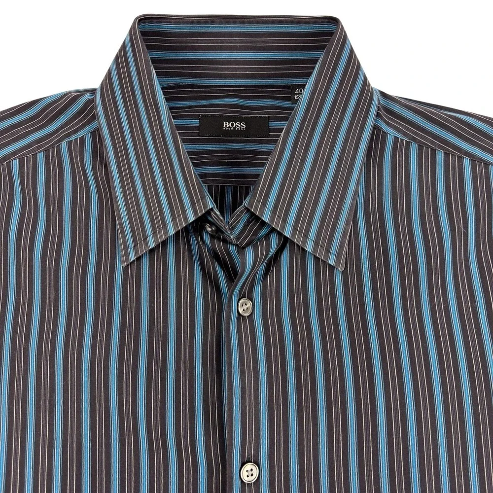 BOSS Hugo Boss Shirt Mens 16 40 Black Blue Stripe Regular‎ Fit Dress Cotton